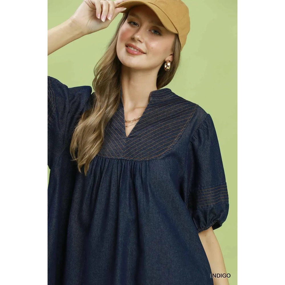 Umgee Notched Puff Sleeve Mini Dress with Pockets - Small - Picture 4 of 5